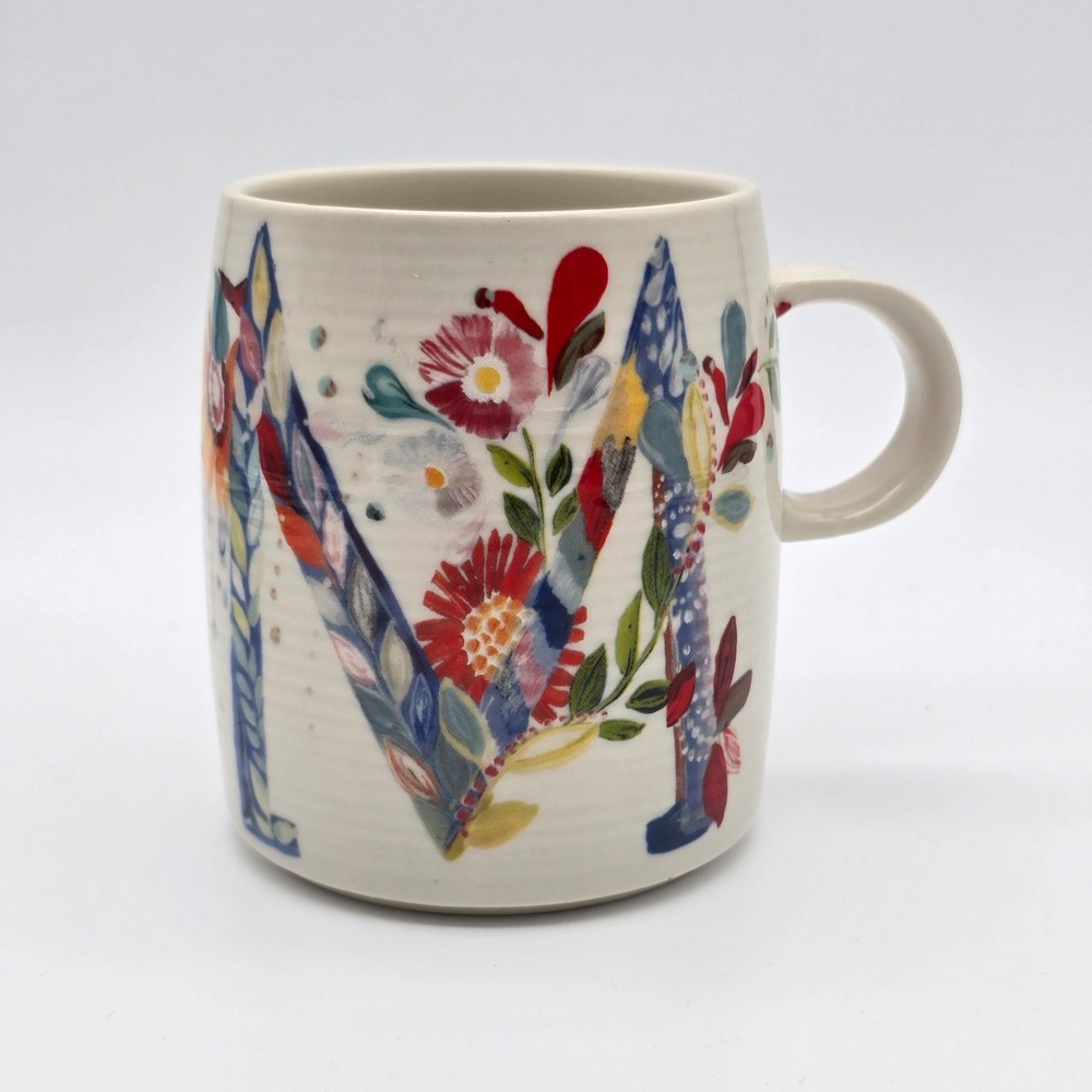 Anthropologie Starla M.‎ Halfmann Monogram M Floral Mug Stoneware Coffee Cup